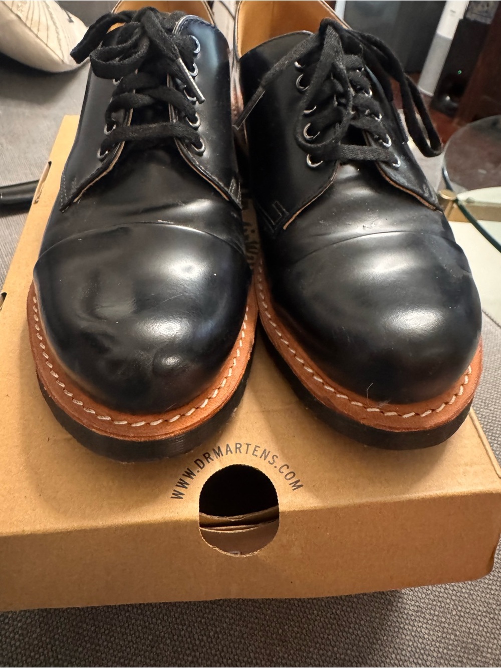 Dr. Martens Black Leather Derby Shoes with Tan Welt
